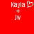 Red background with white pixelated text 'Kayla' and 'JW' separated by a plus sign, with a heart symbol next to 'Kayla' on the left side.