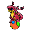 A pink and yellow cartoon dragon sits on an orange ball with blue, green, and yellow spots. The dragon has a long tail, small wings, and a smiling expression.