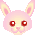 Pixelated pink bunny head with red eyes and pink nose, displayed in four variations showing different eye states against gray background.