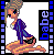 Pixelated character with blonde hair and blue eyes in a purple outfit, standing on an orange-yellow surface within a filmstrip border.