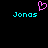 Pixelated cyan text 'Jonas' appears twice on a black background with a pink heart symbol above the left instance.