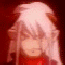 Pixelated anime-style character with light pink hair and red clothing against a dark background, paired with text on solid color backgrounds.