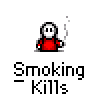 Animated contact sheet of a pixel art character in red clothing smoking, with visible animation frames showing smoke and flame effects across multiple poses.