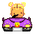 Pixel art contact sheet showing two frames of a blonde doll character in a purple car with changing facial expressions and vehicle details.