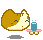 Pixelated character with brown and white fur holds a blue cup on a pink stand, steam rises from the cup across frames.