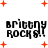 Pixelated text 'Brittany Rocks!' in black with red plus signs scattered on white background, animated variations of dot placement and spacing.