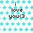 A static image with a repeating pattern of cyan stars on white background, featuring three identical text blocks reading "i love you<3" in black pixelated font.