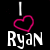 Pixelated graphic with black background showing 'I' above pink heart symbol and 'Ryan' text in white block letters.