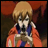 Pixelated anime-style character with blonde hair and red clothing holding a sword, next to stylized text on a black background.