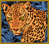 Pixelated leopard head with orange-brown fur and black spots, set against blue patterned background within gold border.