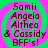Green and pink spiral background with dark red text listing names and 'BFF's!' in four identical