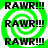 Green and white spiral background with repeated black text "RAW!!!" in a pattern, showing pixelated animation changes across frames