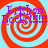 Four identical spiral patterns with alternating red and light blue rings, overlaid with purple text reading "Krispy Kreme" in two lines.