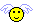 Six pixelated yellow smiley faces with white angel wings arranged in a 3x2 contact sheet, each displaying different mouth expressions and wing positions across sampled frames.