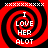 Four identical red and black spiral patterns with white text reading "I LOVE HER ALOT" arranged in a , each bordered by a white pixelated frame