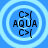 Four identical circular icons with light blue concentric rings display black text reading "C>|( AQUA C>|(" on a solid blue background.
