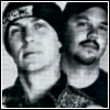 Black-and-white of repeated figures with bandanas and mustaches, text changing across frames