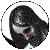 Circular grayscale image of a person with long dark hair covering one eye, red dots appear and move across the face in sequence.