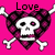 Pixelated icon with pink background, heart-shaped skull with crossbones, and 'Love' text above.