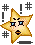 Pixelated yellow star-shaped character with blue eyes and black mouth, displayed in two animation frames showing slight facial expression changes against a gray background with hash symbols.
