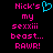 Pixelated text and a heart symbol on black background, with pink and cyan colors.