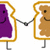 Two slices of bread with purple and brown spreads holding hands, two smaller slices with orange and purple spreads, and text reading "They go good together" on a brown background.