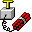 Pixelated animation of a gray block with yellow top connected to red segmented object, showing sequential ignition and explosion into white smoke with red and yellow particles.