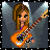 Pixelated cartoon-style icon of a female character with long brown hair playing an orange electric guitar against a dark blue background with light effects.