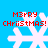 Four identical pixelated snowflakes on a bright blue background with red text reading 'MERRY CHRISTMAS!' above each.