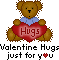Pixelated brown teddy bear with blue bow tie holds red heart reading 'Hugs' against light gray background, text below reads 'Valentine Hugs just for you' with small red heart.