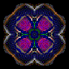 20 distinct kaleidoscopic patterns with symmetrical floral and geometric designs in purple, blue, green, yellow, and white on black backgrounds