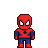 Pixelated character in red and blue costume with black spider emblem on chest, standing against solid gray background.