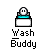 Pixelated character with white face and blue body sits behind white rectangular desk, text 'Wash Buddy' below in white pixel font on gray background.