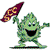 Green pixelated character with wide open mouth holding maroon flag with orange symbols on white background