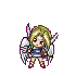 Pixelated angelic character with blonde hair and white wings holding a sword, shown in three poses with question mark speech bubbles.