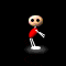 Pixelated character in red shirt and white pants performs four distinct poses against black background with dark circular base.