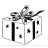 Pixelated grayscale icon of a gift box with a bow, featuring black and white squares forming the box, ribbon, and scattered dots on the surface.