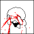 A pixelated character with white hair and black eyes displays escalating red splatter effects , transitioning from facial coverage to full-body streams