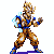 Pixelated character in brown and blue outfit with blue energy effects, standing in fighting stance across six