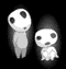 Two stylized figures with large round heads and small bodies stand side-by-side against a black background, one figure's head changes expression from neutral to smiling.
