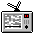 Pixelated TV icon with checkered antenna, gray screen showing static and horizontal lines, red pause buttons, black control symbols.