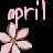 Pixelated pink text 'april' above two pink flowers on black background with visible dithering and anti-aliasing edges.