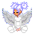 Pixelated angel with orange face, white wings, and purple hair holding a glowing object above its head.