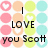 Pixelated grid of pastel circles with text 'I LOVE you Scott' overlaid on a white background.