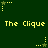 Green background with yellow text "The Clique" repeated twice, surrounded by animated star and dot patterns.
