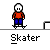 Pixel art animation of a character in red shirt and blue pants performing skateboarding tricks on gray ramps with white text "Skater" below each frame.