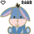 Pixel art of a blue donkey with pink inner ears and light skin, wearing a blue outfit, positioned between two heart symbols and "RAWR" text.