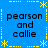 Blue background with yellow dotted and dashed lines forming a , four identical text blocks reading 'pearson and callie' in black pixelated font at each corner