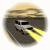 Animated circular icon showing a white vehicle on a road with yellow motion trails under a cloudy sky, cycling through three distinct poses.