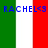 Pixelated blue text 'RACHEL<3' spans horizontally across a vertically striped background of green, white, and red.